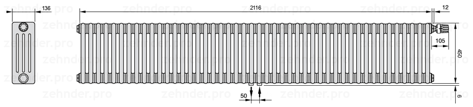 Схема (чертеж) Радиатор Zehnder Charleston 4045/46 №V008 Белый глянцевый RAL 9016